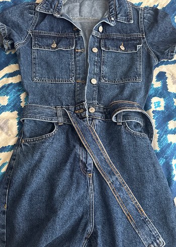 Kadın Mavi Denim Kemerli Tulum - Görsel 3