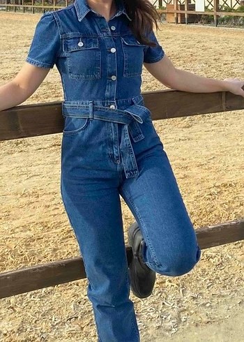 Kadın Mavi Denim Kemerli Tulum - Görsel 2