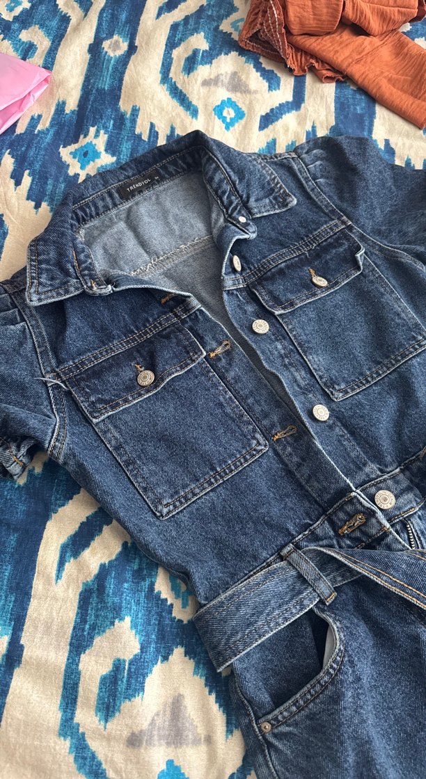 Kadın Mavi Denim Kemerli Tulum - Görsel 5