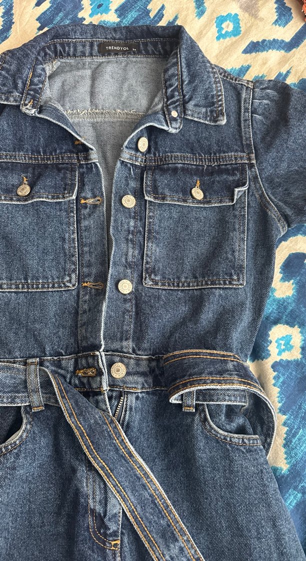 Kadın Mavi Denim Kemerli Tulum - Görsel 4