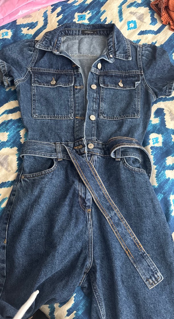 Kadın Mavi Denim Kemerli Tulum - Görsel 3