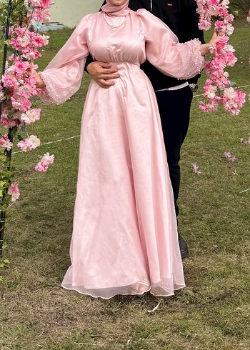 Pembe Drapeli Uzun Kollu Uzun Elbise - Görsel 4