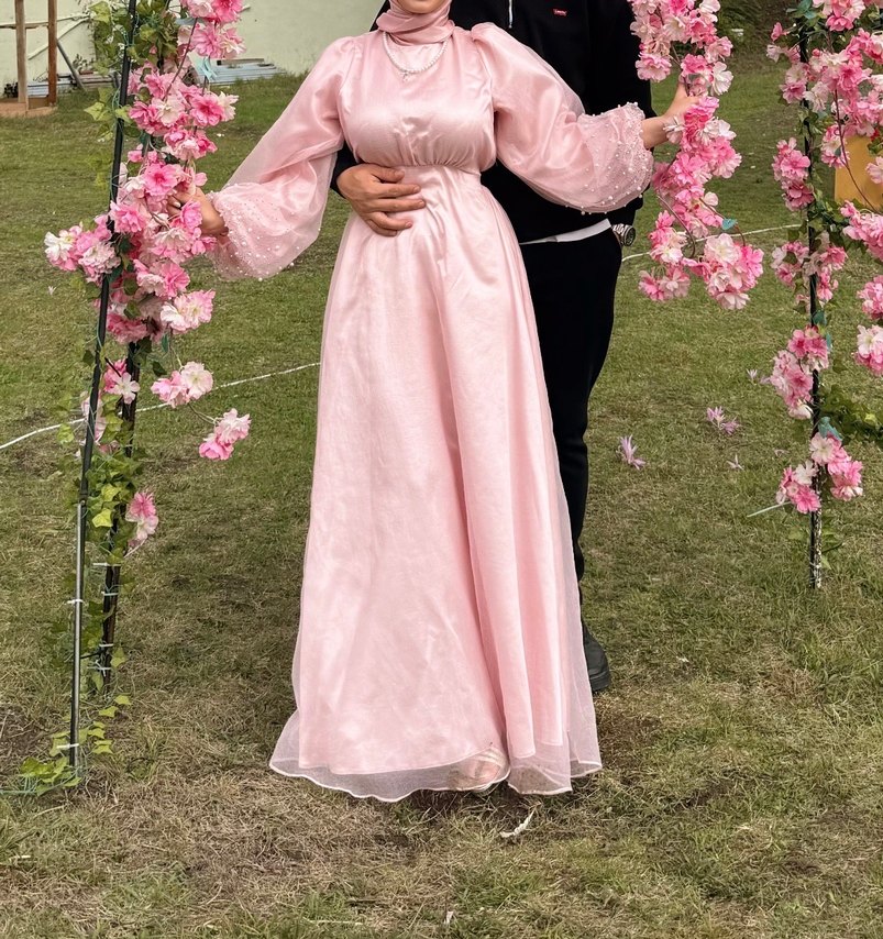 Pembe Drapeli Uzun Kollu Uzun Elbise - Görsel 4