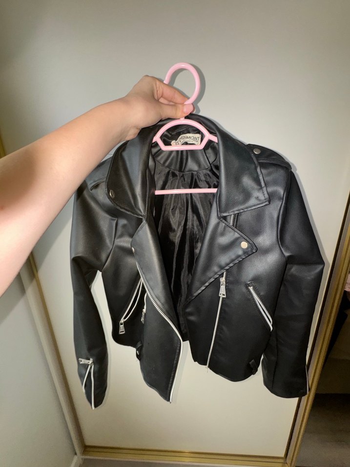 Kadın Siyah Deri Biker Ceket - Görsel 3