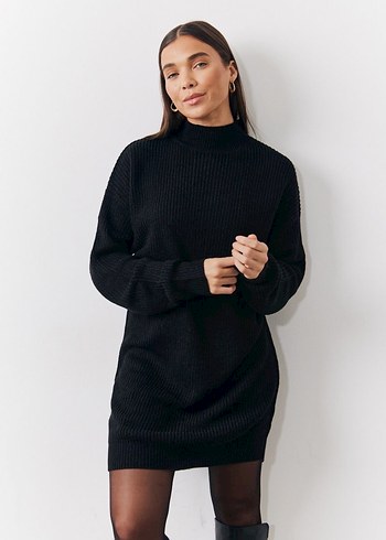 Kadın Siyah Yüksek Yakalı Triko Elbise - Görsel 3