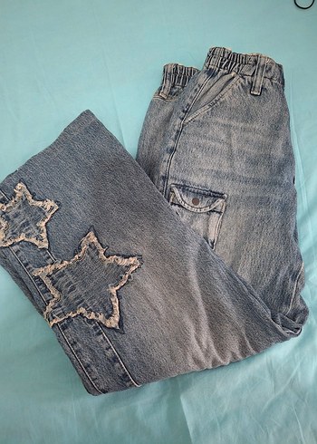 40 Beden Kadın Mavi Denim Yıldız desenli cepli pantolon