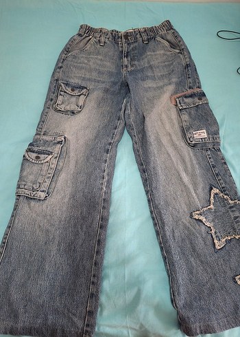 Kadın Mavi Denim Yıldız desenli cepli pantolon