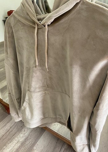 Gri Süet Kadın Sweatshirt Kapüşonlu