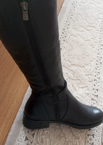 Siyah Deri Tokalı Biker Dizüstü Kadın Çizme - Görsel 9