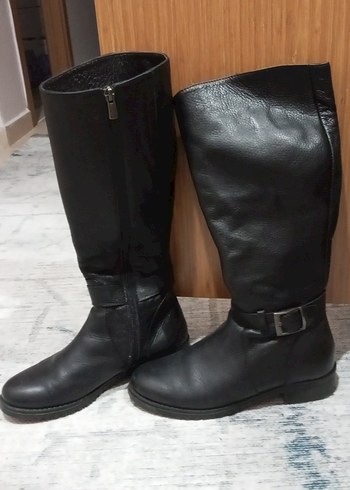 Siyah Deri Tokalı Biker Dizüstü Kadın Çizme - Görsel 14