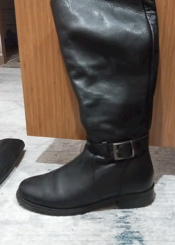 Siyah Deri Tokalı Biker Dizüstü Kadın Çizme - Görsel 13