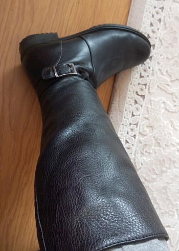 Siyah Deri Tokalı Biker Dizüstü Kadın Çizme - Görsel 8