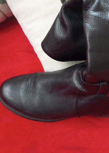 Siyah Deri Tokalı Biker Dizüstü Kadın Çizme - Görsel 4