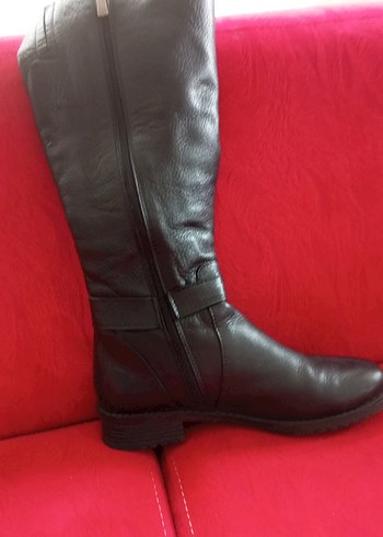 Siyah Deri Tokalı Biker Dizüstü Kadın Çizme - Görsel 5