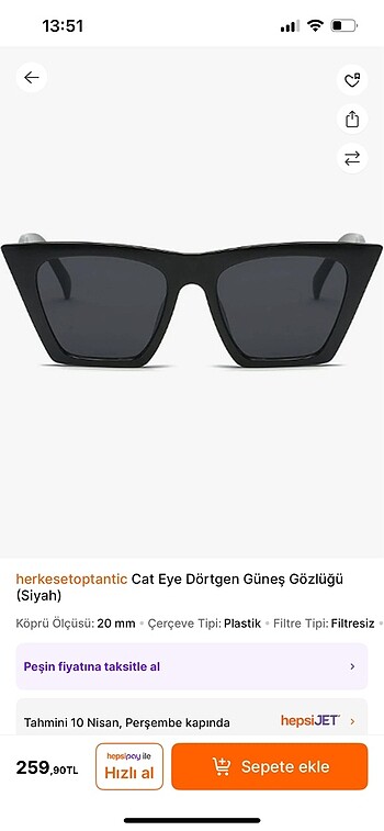 Dörtgen cat eye siyah güneş gözlüğü