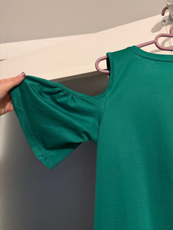 Yeşil, pencere detaylı kısa kollu, mini elbise - Görsel 5