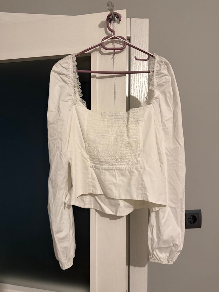 Beyaz pamuklu Uzun Kollu Bluz - Görsel 4