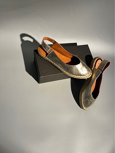 38 Beden Hakiki deri gold espadril sandalet