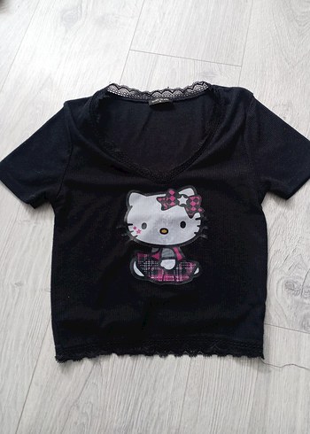Siyah Dantel Detaylı hello kitty crop