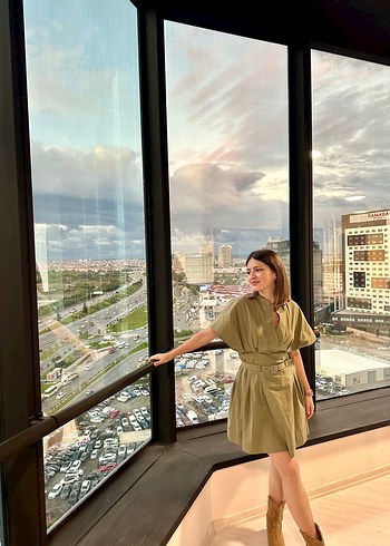 Zara Kısa Kollu Loose Fit Khaki elbise