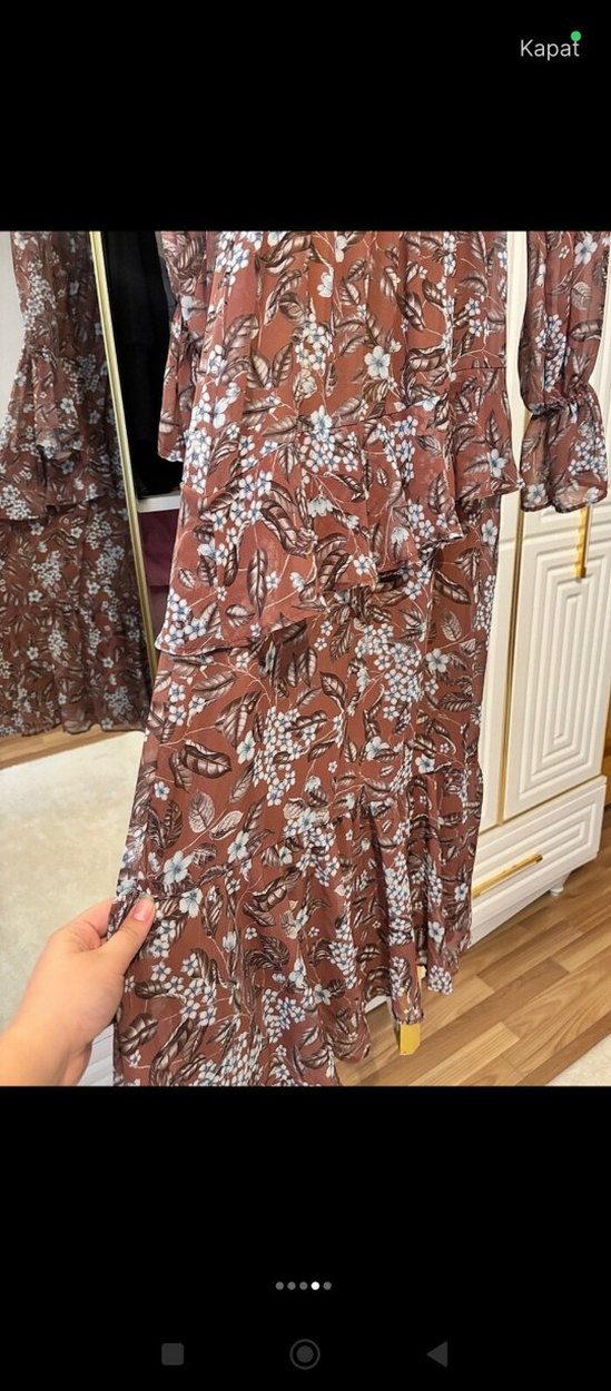 Uzun Kollu Kahverengi Bohem Elbise - Görsel 2