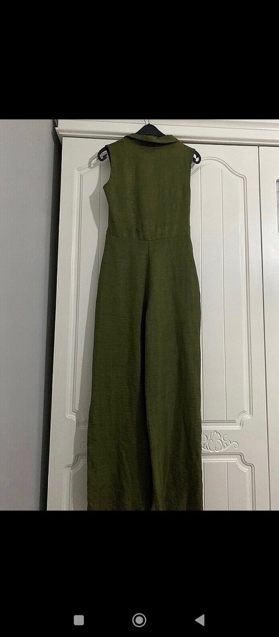 Kolsuz Koyu Haki Uzun Keten Tulum - Görsel 4