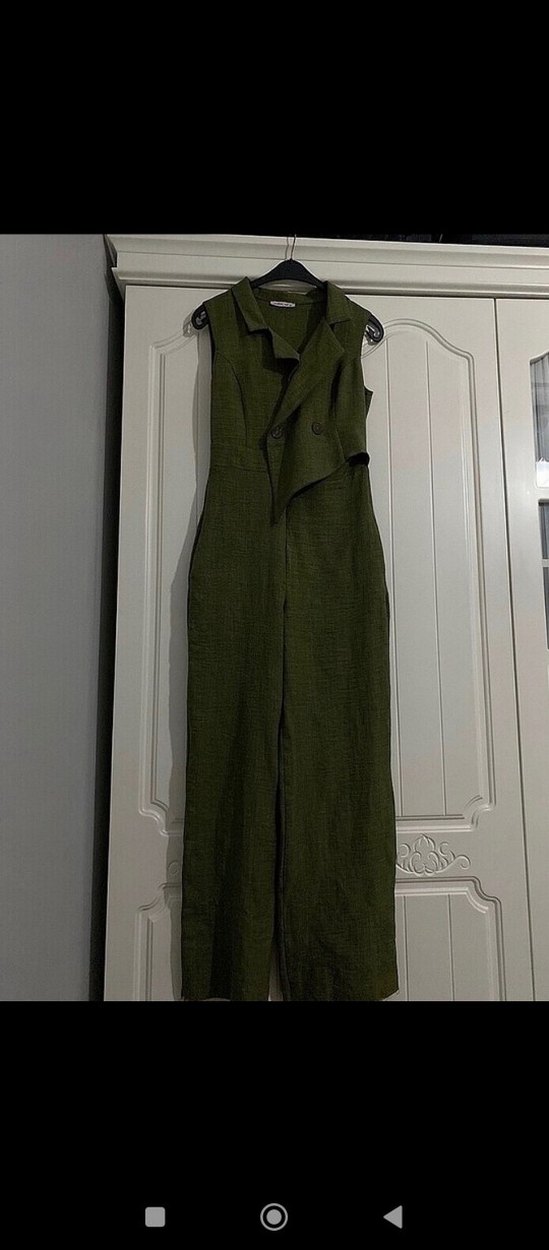 Kolsuz Koyu Haki Uzun Keten Tulum - Görsel 2