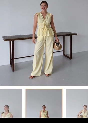 Sarı V Yaka Mini Kumaş Tulum - Görsel 2