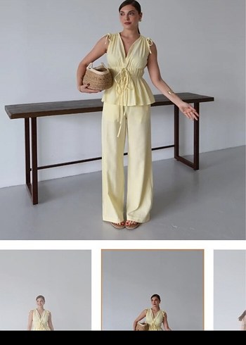 Sarı V Yaka Mini Kumaş Tulum - Görsel 3