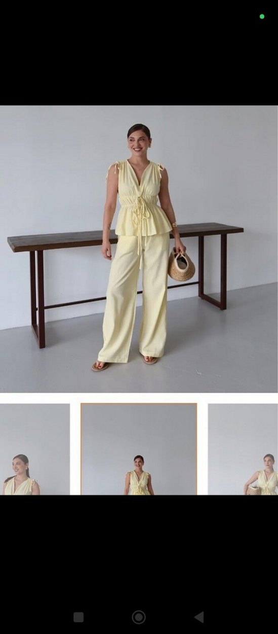 Sarı V Yaka Mini Kumaş Tulum - Görsel 2