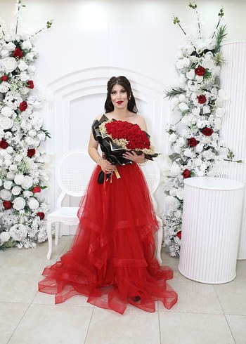 Kırmızı Straplez Uzun Abiye Elbise - Görsel 4