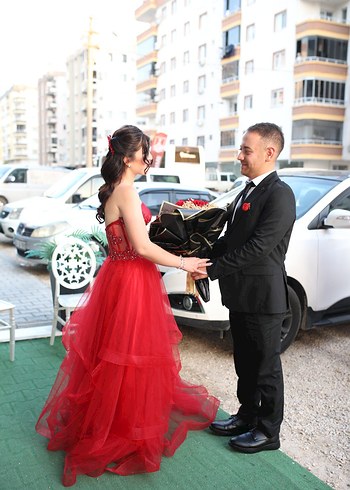 Kırmızı Straplez Uzun Abiye Elbise - Görsel 3