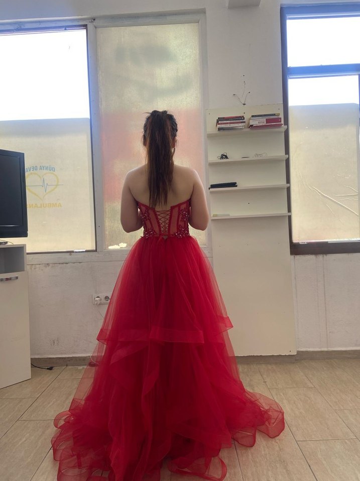 Kırmızı Straplez Uzun Abiye Elbise - Görsel 5