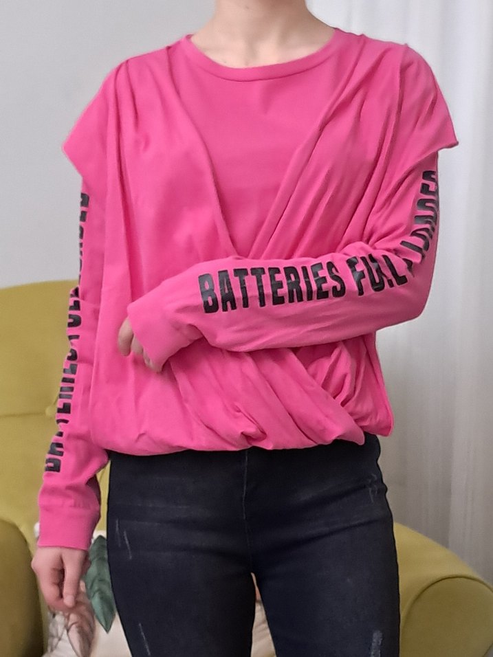Pembe Uzun Kollu Salaş penye tişört - Görsel 2