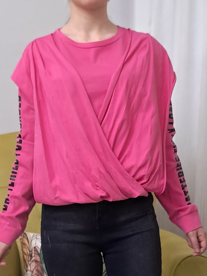 Pembe Uzun Kollu Salaş penye tişört - Görsel 3