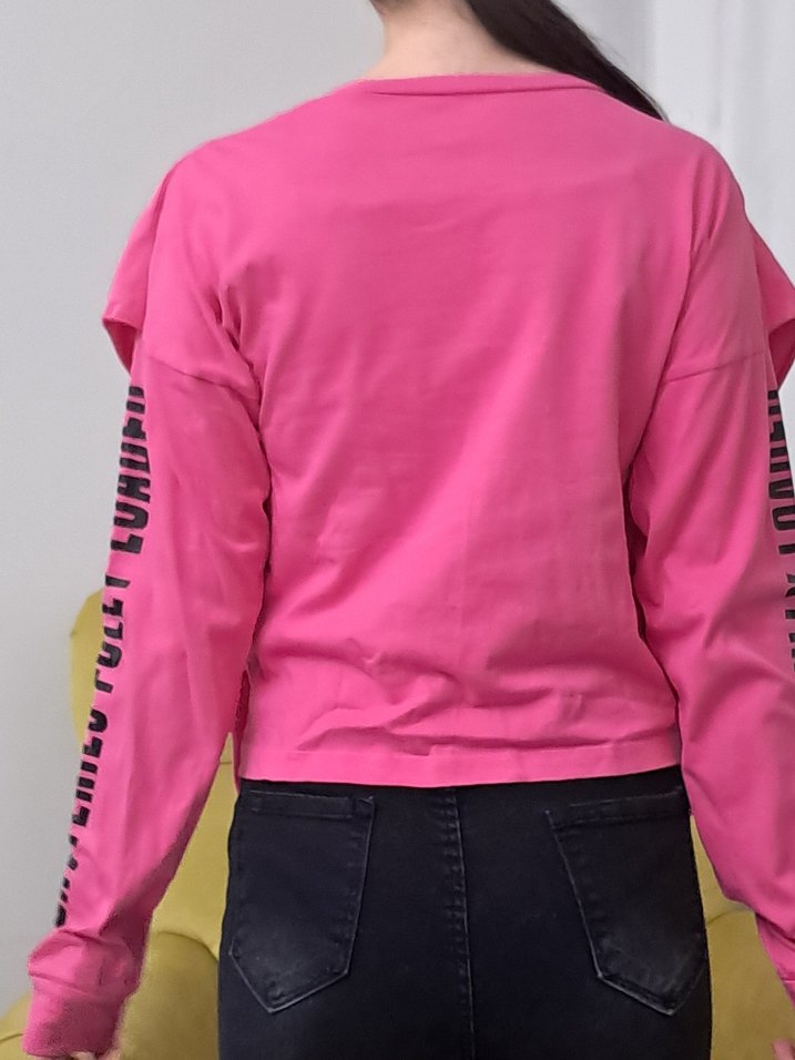 Pembe Uzun Kollu Salaş penye tişört - Görsel 4