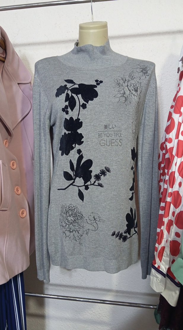 Gri Çiçek Baskılı Kadın Triko Kazak - Görsel 2