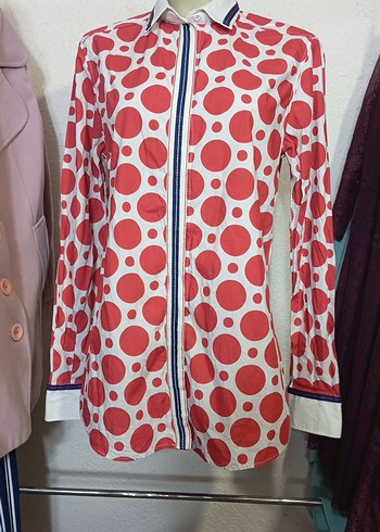 Kırmızı Puantiyeli Uzun Kollu Kadın Gömlek - Görsel 2