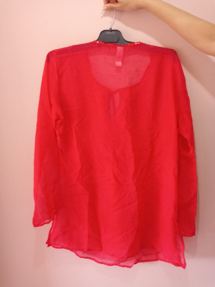 Kırmızı Uzun Kollu Bohem Kadın pareo - Görsel 2