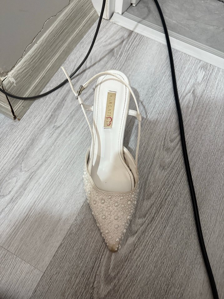 İnci İşlemeli Beyaz Stiletto Marcatelli Gelin ayakkabısı - Görsel 2