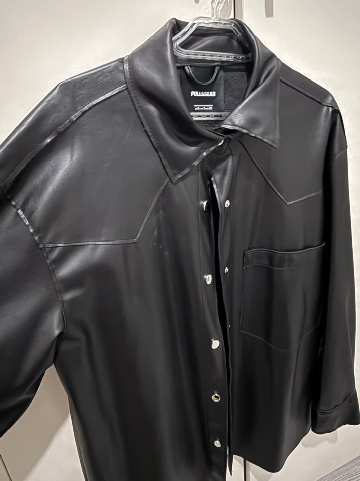 Düğmeli Siyah Deri Kadın Ceket - Görsel 2