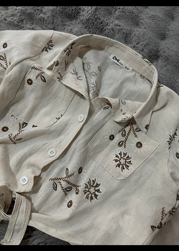 Nakışlı Bej Keten Gömlek - Görsel 3