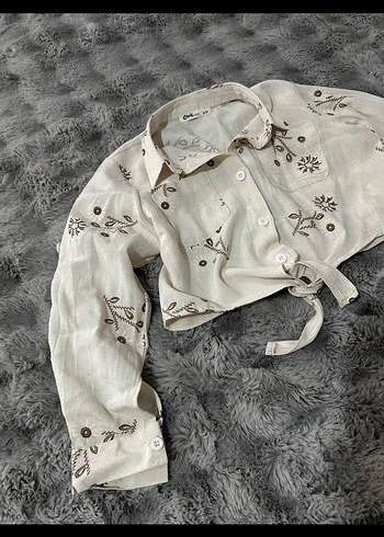 Nakışlı Bej Keten Gömlek - Görsel 4