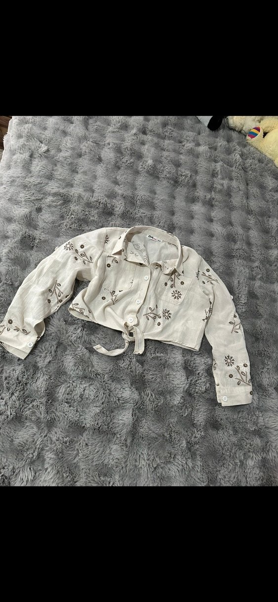 Nakışlı Bej Keten Gömlek - Görsel 2