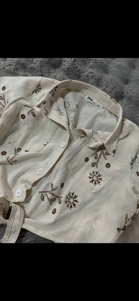 Nakışlı Bej Keten Gömlek - Görsel 3