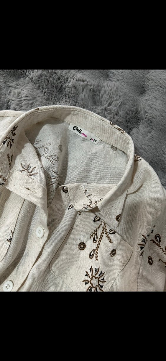 Nakışlı Bej Keten Gömlek - Görsel 5