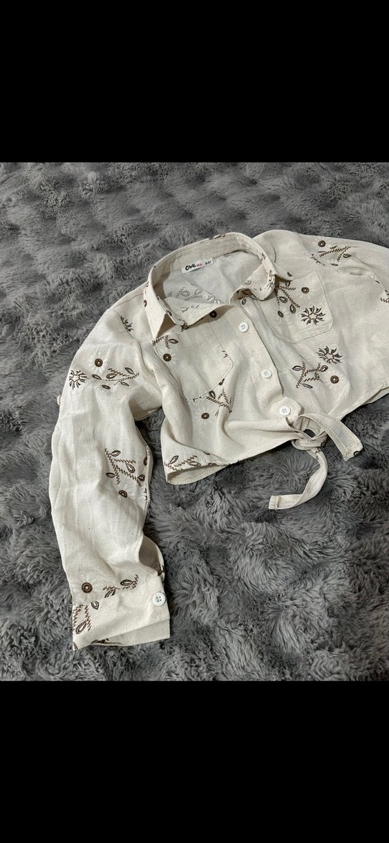 Nakışlı Bej Keten Gömlek - Görsel 4