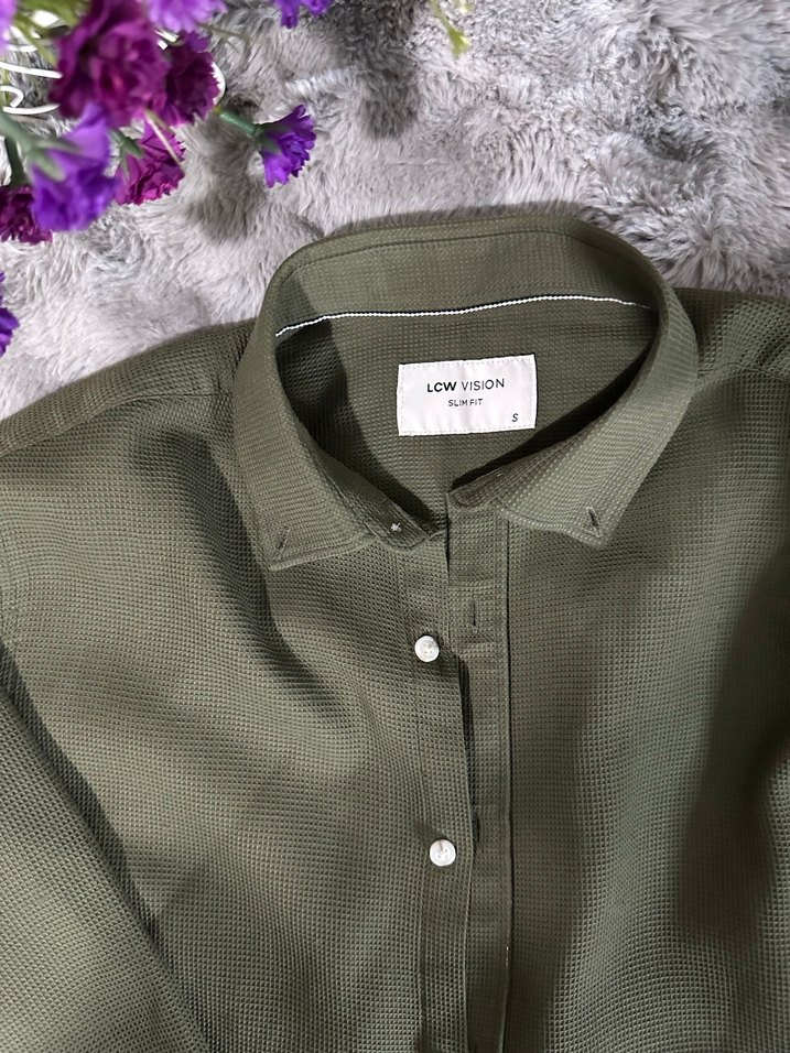 Düğmeli, Uzun Kollu erkek Haki Gömlek - Görsel 3
