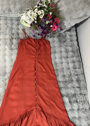 Bordo Straplez Fırfırlı Bohem Uzun Elbise - Görsel 3