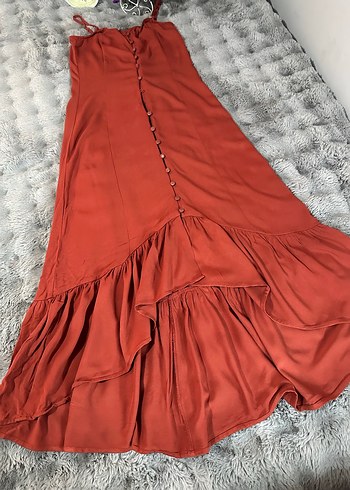 Bordo Straplez Fırfırlı Bohem Uzun Elbise - Görsel 2